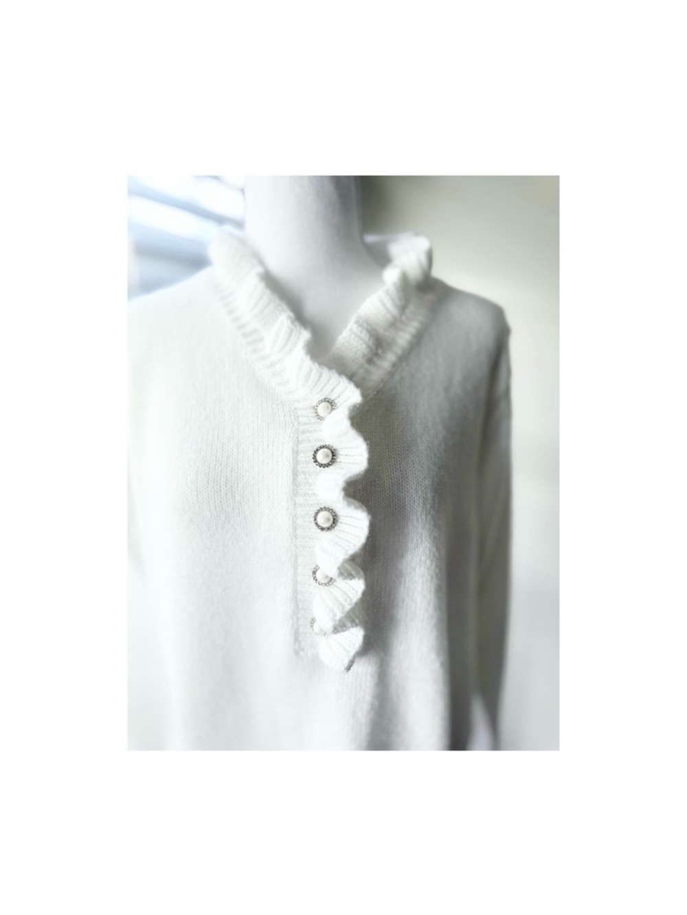 White Ruffle-Trim Button Sweater - Picture 2 of 6